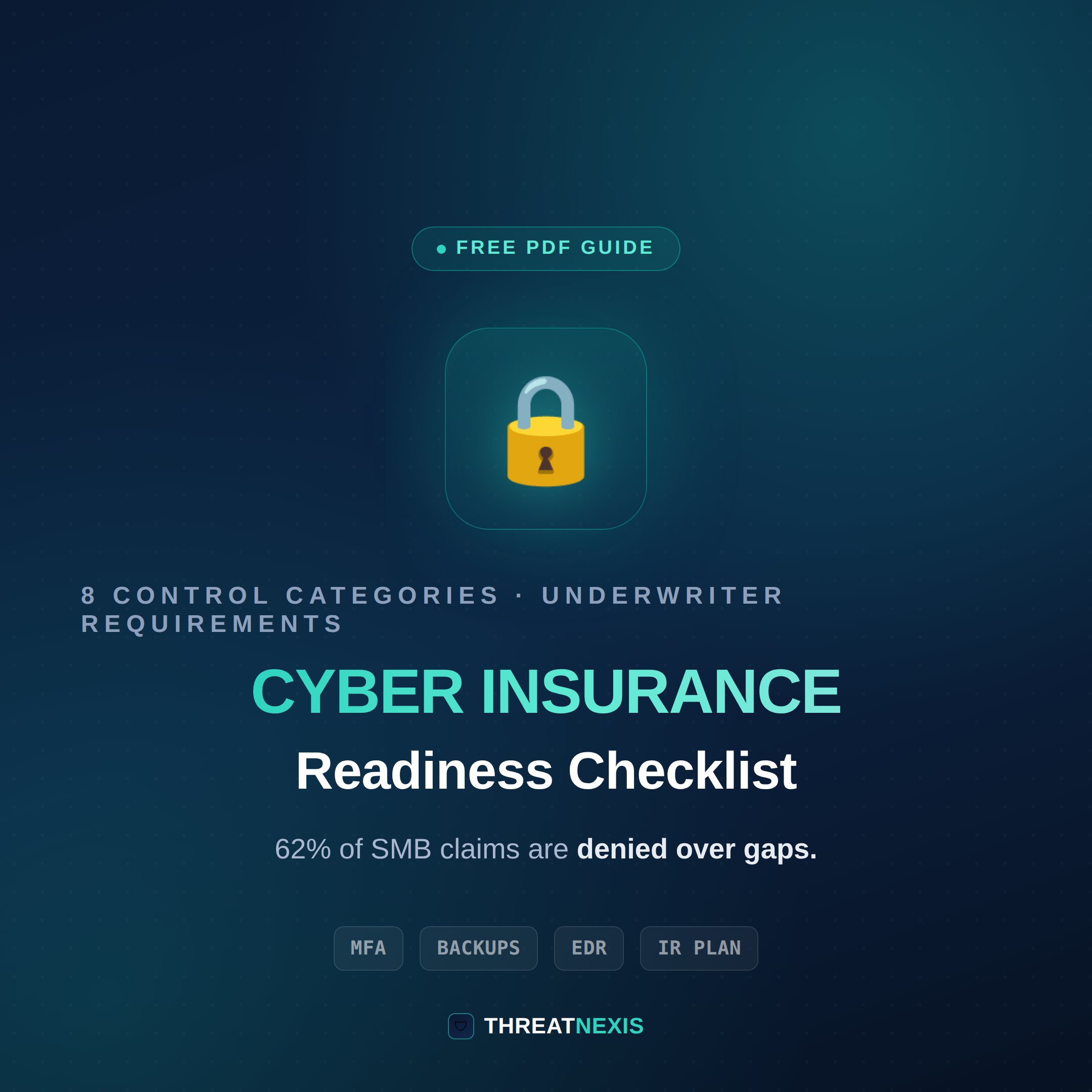 Cyber insurance readiness cheat sheet covering MFA, backups, EDR, and incident response plan requirements underwriters look for